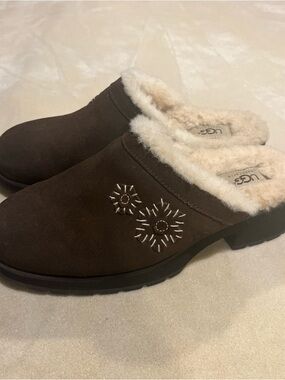 UGG Brown Suede Shearling-Lined Clog Mules